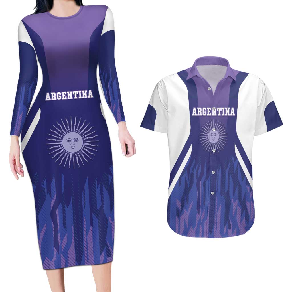 Custom Argentina 2025 Football Couples Matching Long Sleeve Bodycon Dress and Hawaiian Shirt Purple Version