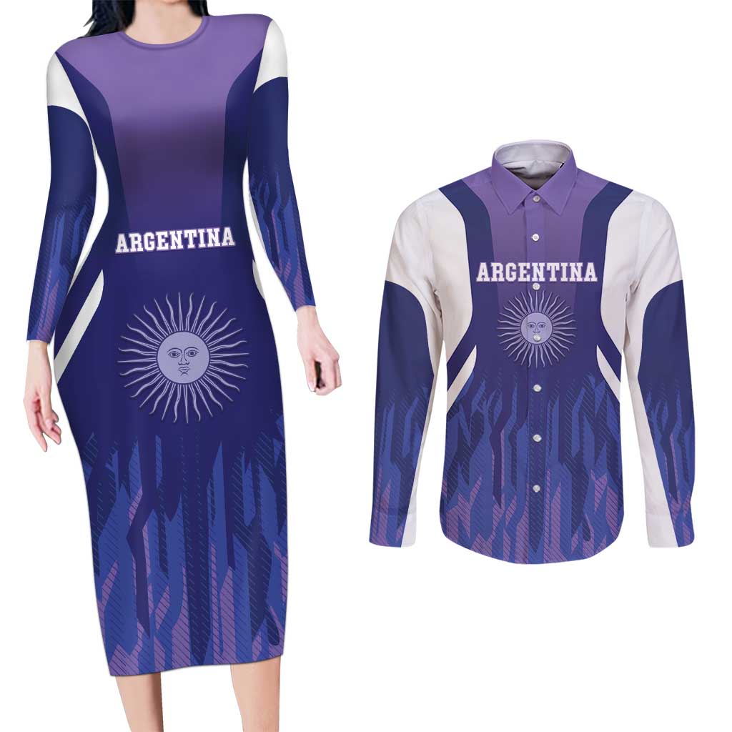 Custom Argentina 2025 Football Couples Matching Long Sleeve Bodycon Dress and Long Sleeve Button Shirt Purple Version