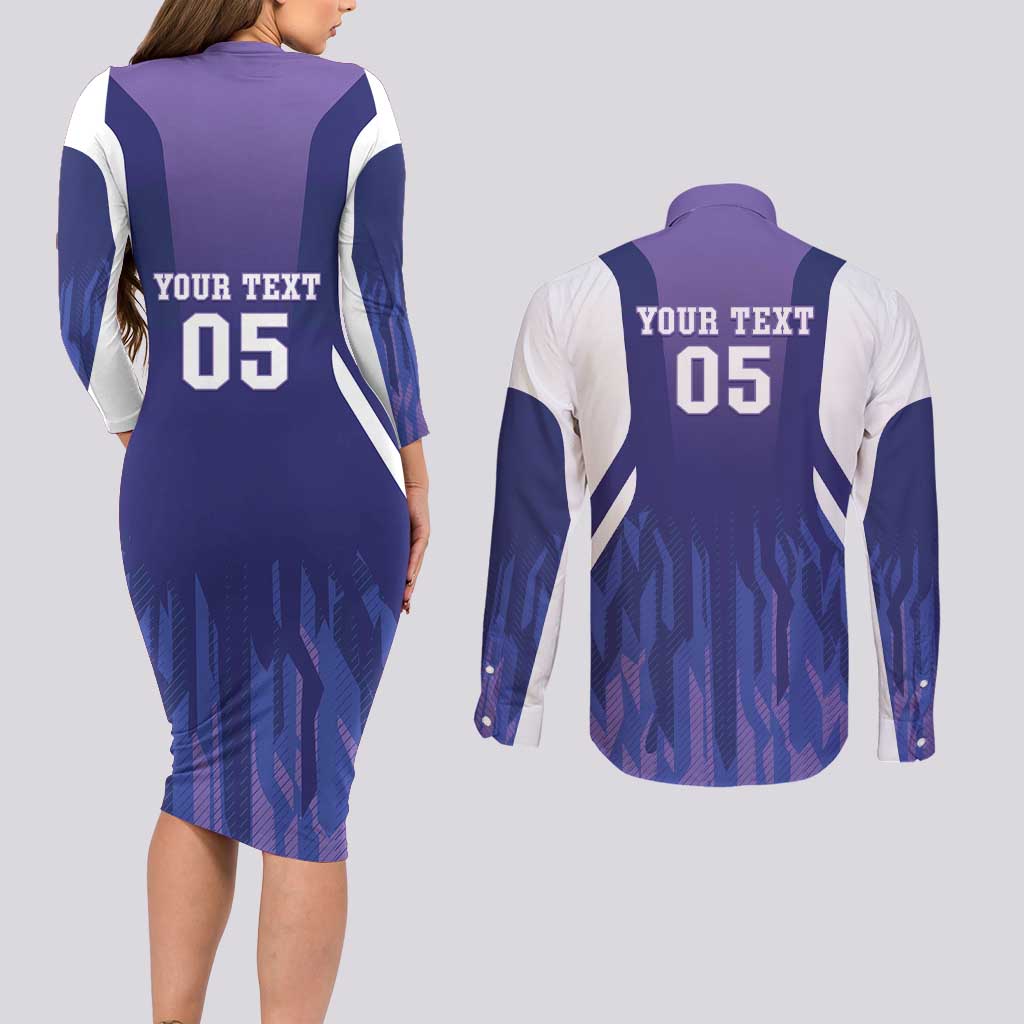 Custom Argentina 2025 Football Couples Matching Long Sleeve Bodycon Dress and Long Sleeve Button Shirt Purple Version