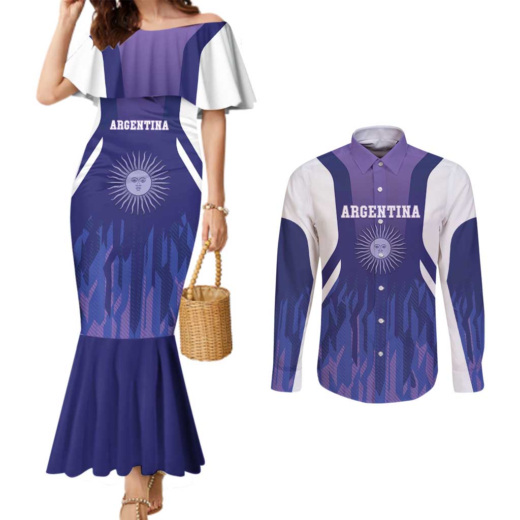 Custom Argentina 2025 Football Couples Matching Mermaid Dress and Long Sleeve Button Shirt Purple Version