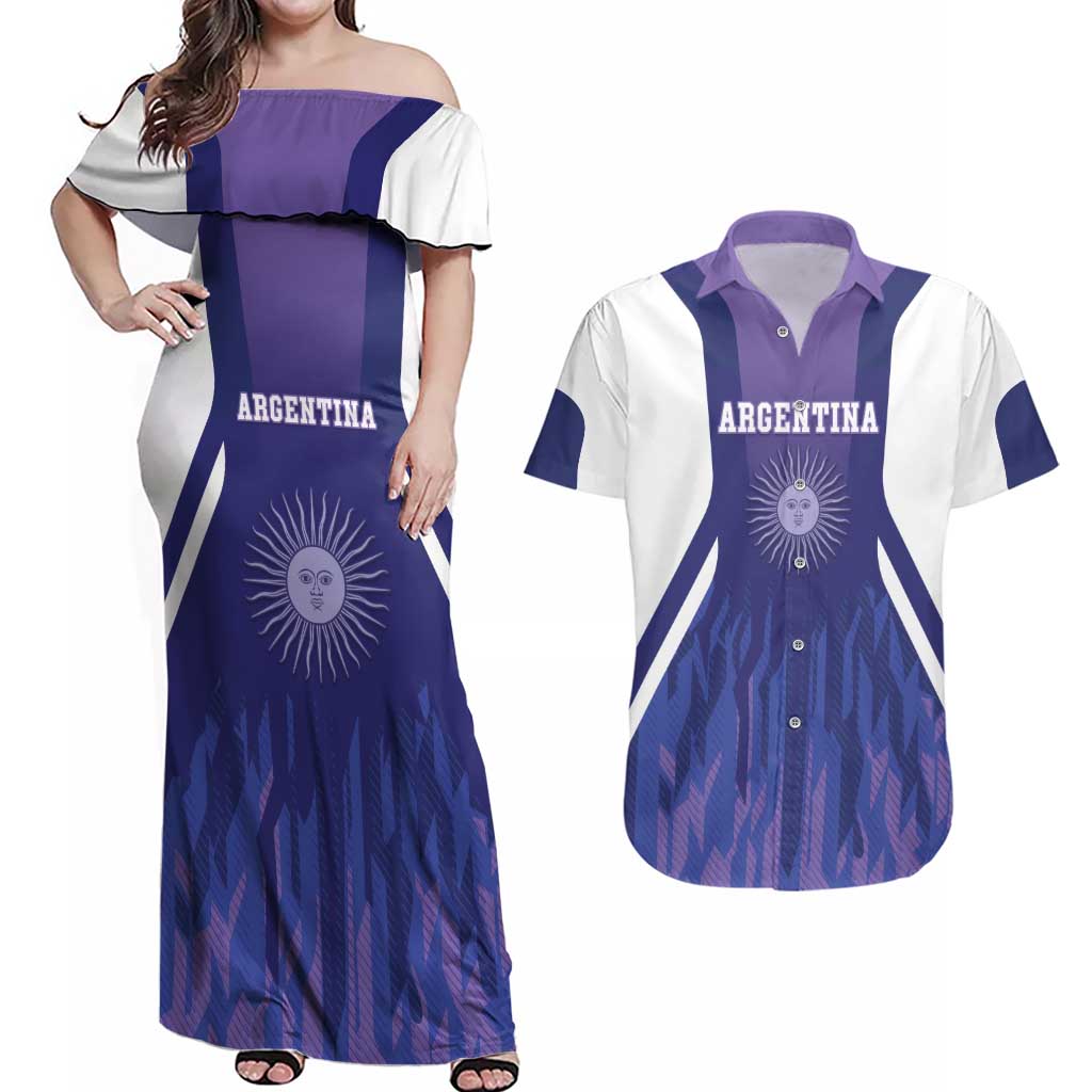 Custom Argentina 2025 Football Couples Matching Off Shoulder Maxi Dress and Hawaiian Shirt Purple Version