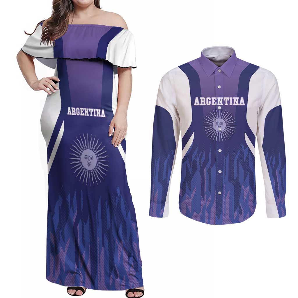Custom Argentina 2025 Football Couples Matching Off Shoulder Maxi Dress and Long Sleeve Button Shirt Purple Version