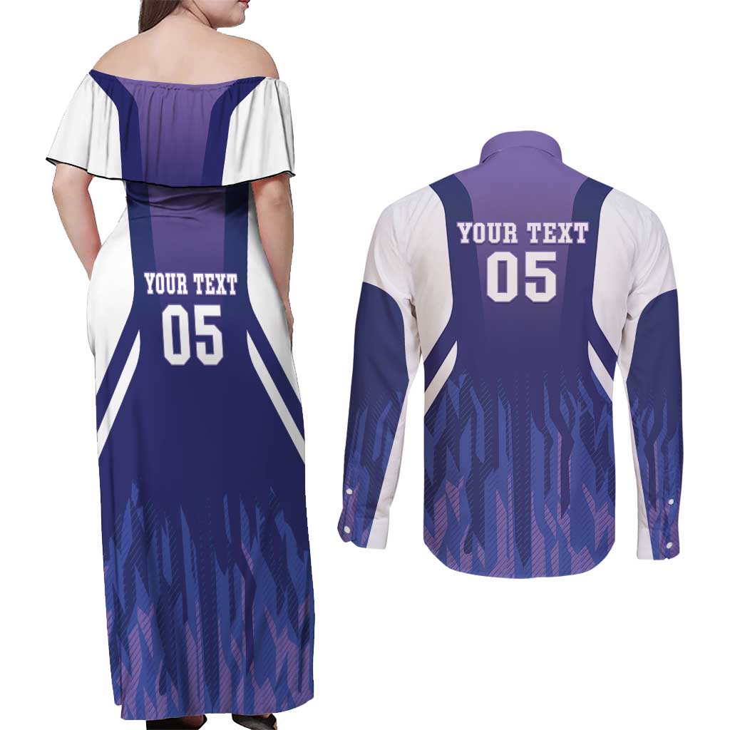 Custom Argentina 2025 Football Couples Matching Off Shoulder Maxi Dress and Long Sleeve Button Shirt Purple Version