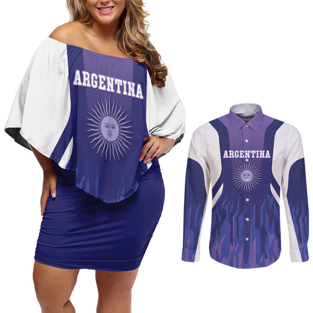 Custom Argentina 2025 Football Couples Matching Off Shoulder Short Dress and Long Sleeve Button Shirt Purple Version