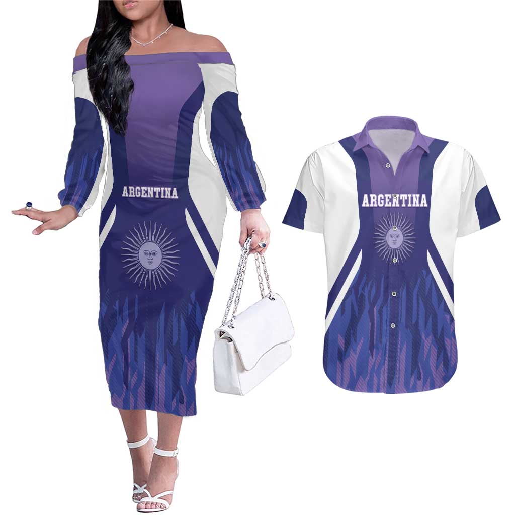 Custom Argentina 2025 Football Couples Matching Off The Shoulder Long Sleeve Dress and Hawaiian Shirt Purple Version