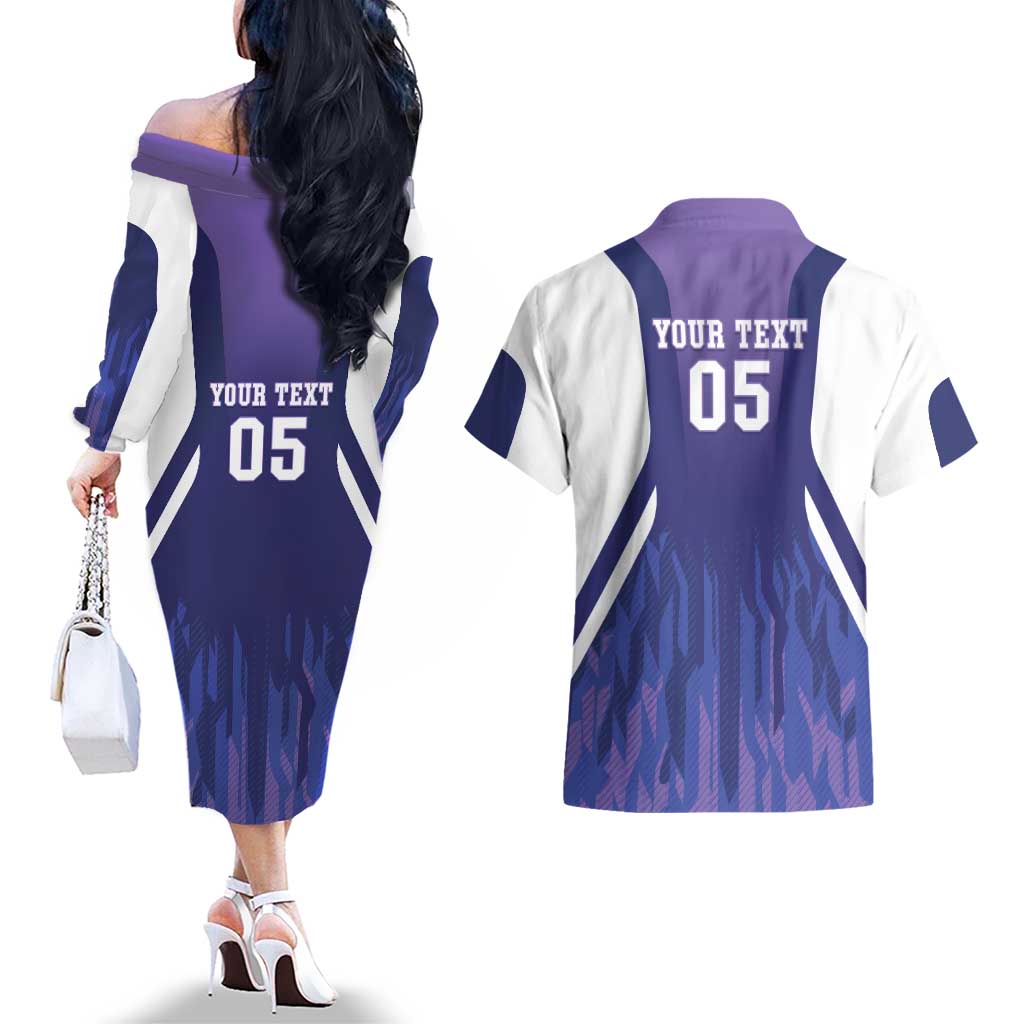 Custom Argentina 2025 Football Couples Matching Off The Shoulder Long Sleeve Dress and Hawaiian Shirt Purple Version
