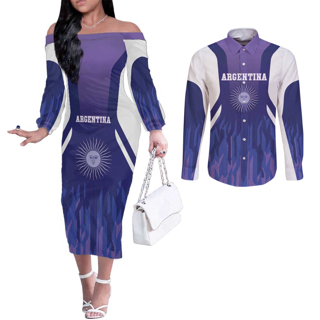 Custom Argentina 2025 Football Couples Matching Off The Shoulder Long Sleeve Dress and Long Sleeve Button Shirt Purple Version