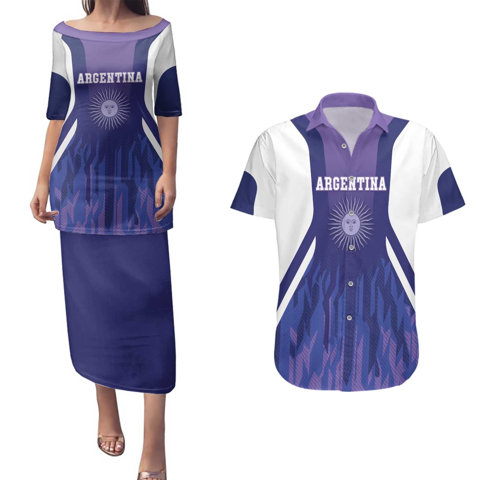 Custom Argentina 2025 Football Couples Matching Puletasi and Hawaiian Shirt Purple Version