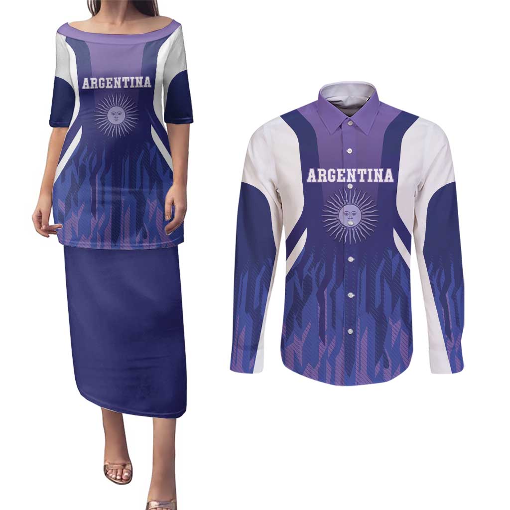 Custom Argentina 2025 Football Couples Matching Puletasi and Long Sleeve Button Shirt Purple Version