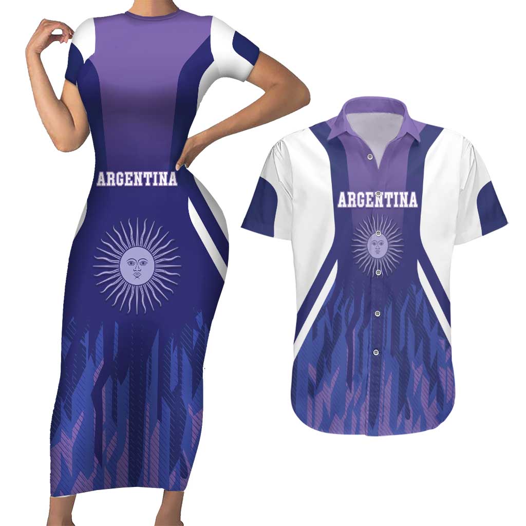 Custom Argentina 2025 Football Couples Matching Short Sleeve Bodycon Dress and Hawaiian Shirt Purple Version