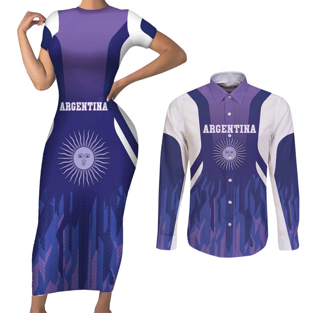 Custom Argentina 2025 Football Couples Matching Short Sleeve Bodycon Dress and Long Sleeve Button Shirt Purple Version