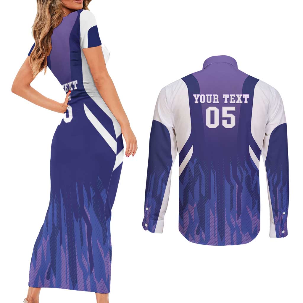 Custom Argentina 2025 Football Couples Matching Short Sleeve Bodycon Dress and Long Sleeve Button Shirt Purple Version