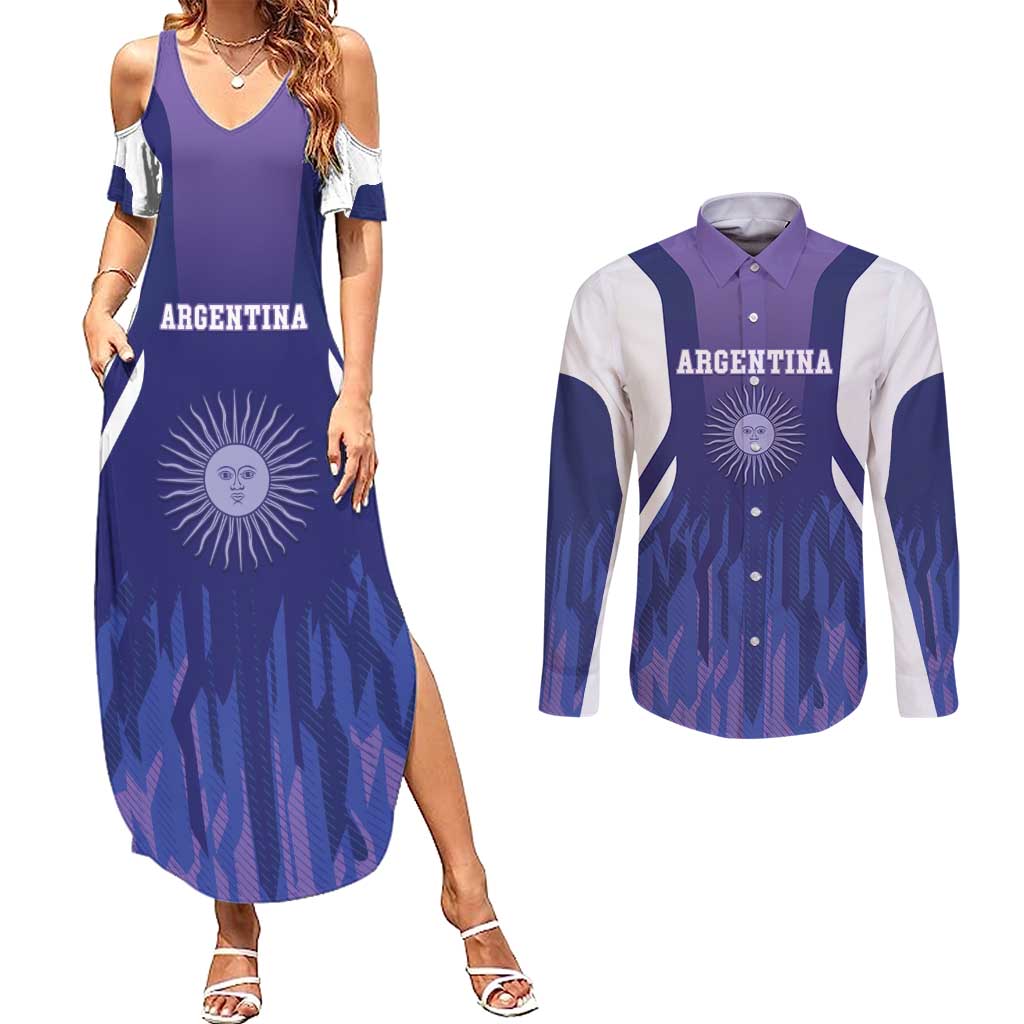 Custom Argentina 2025 Football Couples Matching Summer Maxi Dress and Long Sleeve Button Shirt Purple Version