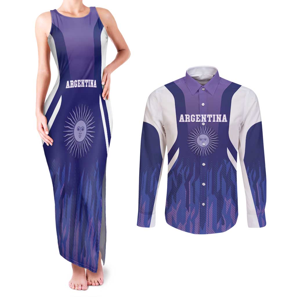 Custom Argentina 2025 Football Couples Matching Tank Maxi Dress and Long Sleeve Button Shirt Purple Version