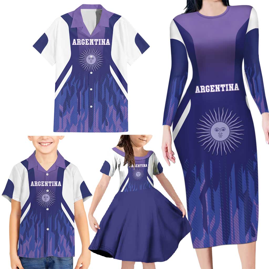 Custom Argentina 2025 Football Family Matching Long Sleeve Bodycon Dress and Hawaiian Shirt Purple Version