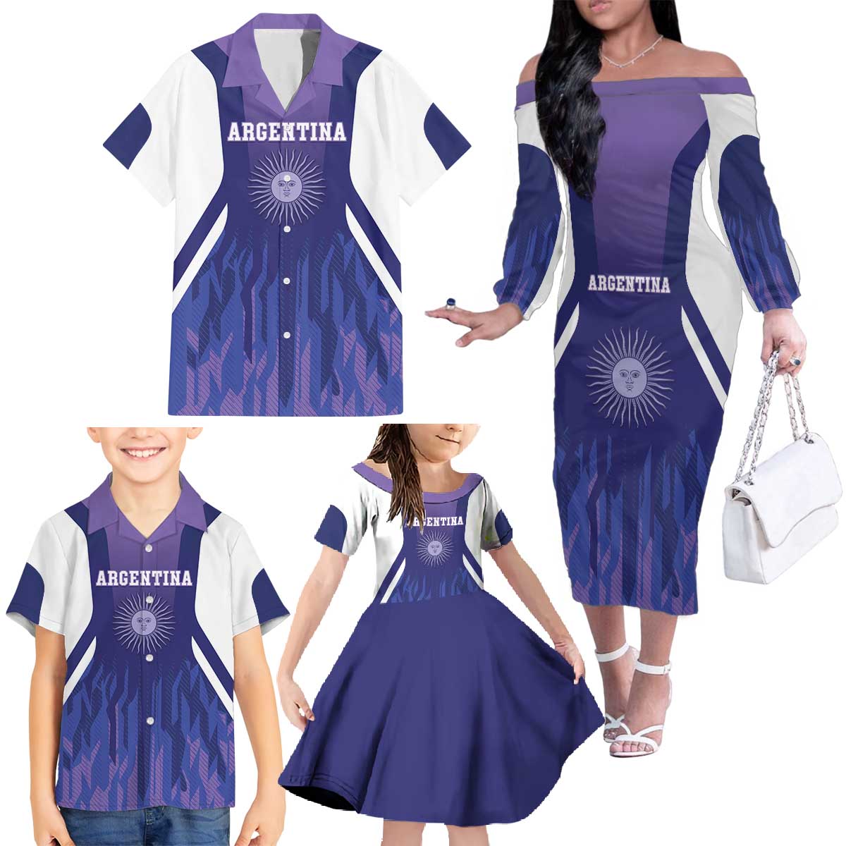Custom Argentina 2025 Football Family Matching Off The Shoulder Long Sleeve Dress and Hawaiian Shirt Purple Version