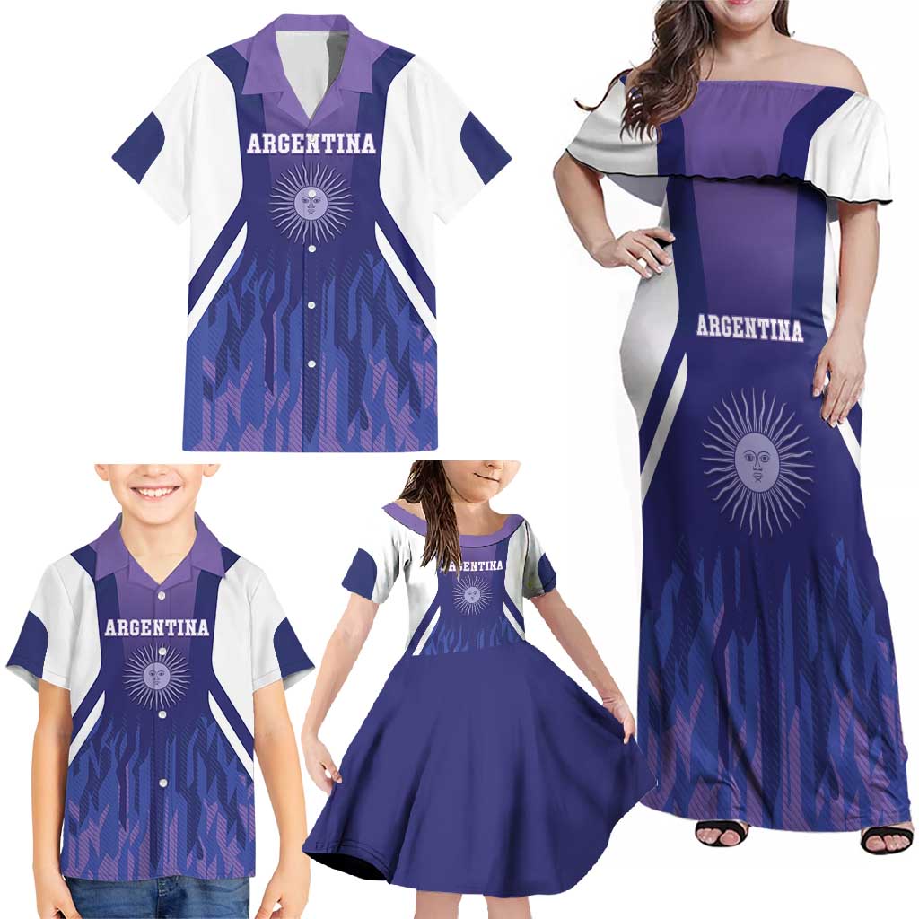 Custom Argentina 2025 Football Family Matching Off Shoulder Maxi Dress and Hawaiian Shirt Purple Version