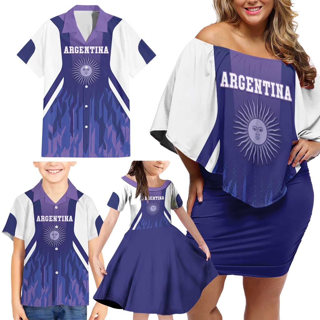 Custom Argentina 2025 Football Family Matching Off Shoulder Short Dress and Hawaiian Shirt Purple Version