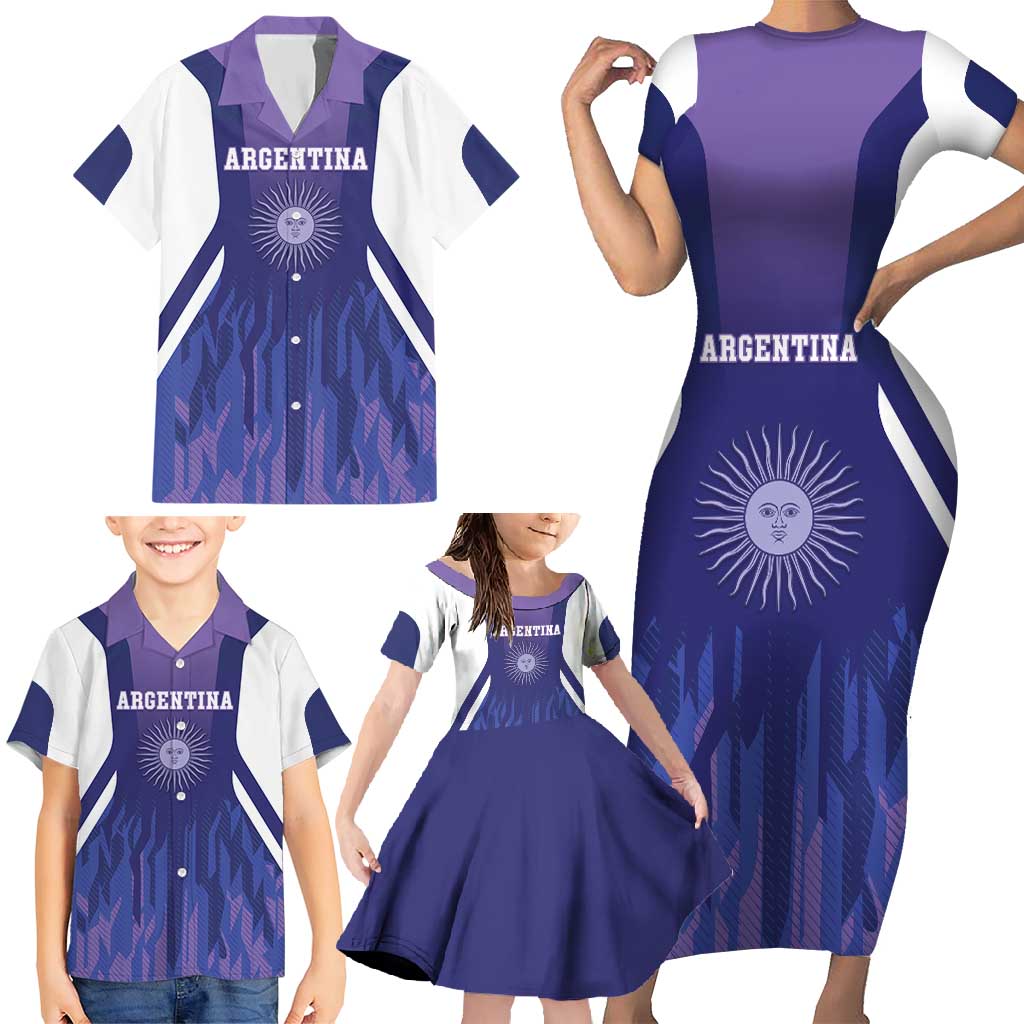 Custom Argentina 2025 Football Family Matching Short Sleeve Bodycon Dress and Hawaiian Shirt Purple Version