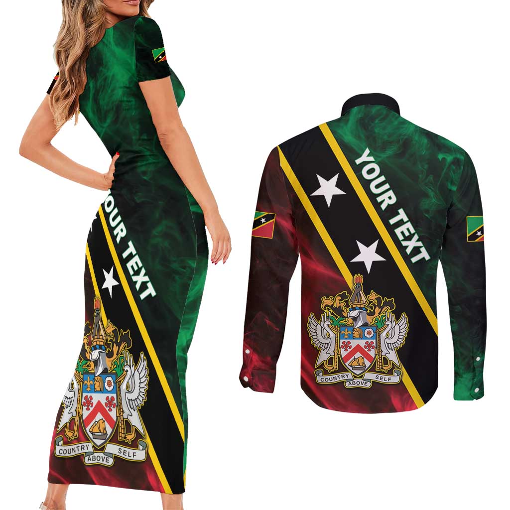 Personalized Saint Kitts and Nevis Couples Matching Short Sleeve Bodycon Dress and Long Sleeve Button Shirt Flag Style With Stars