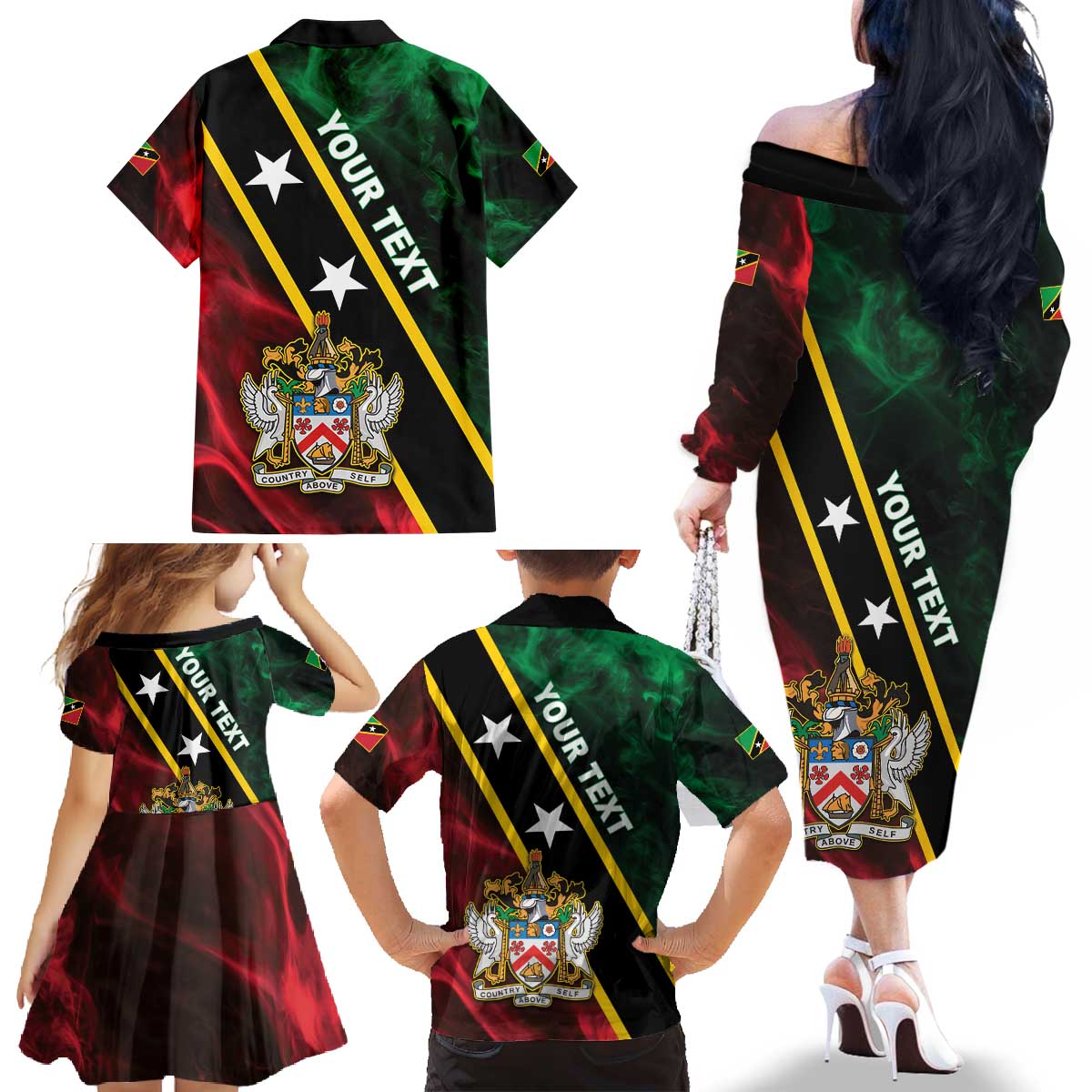 Personalized Saint Kitts and Nevis Family Matching Off The Shoulder Long Sleeve Dress and Hawaiian Shirt Flag Style With Stars