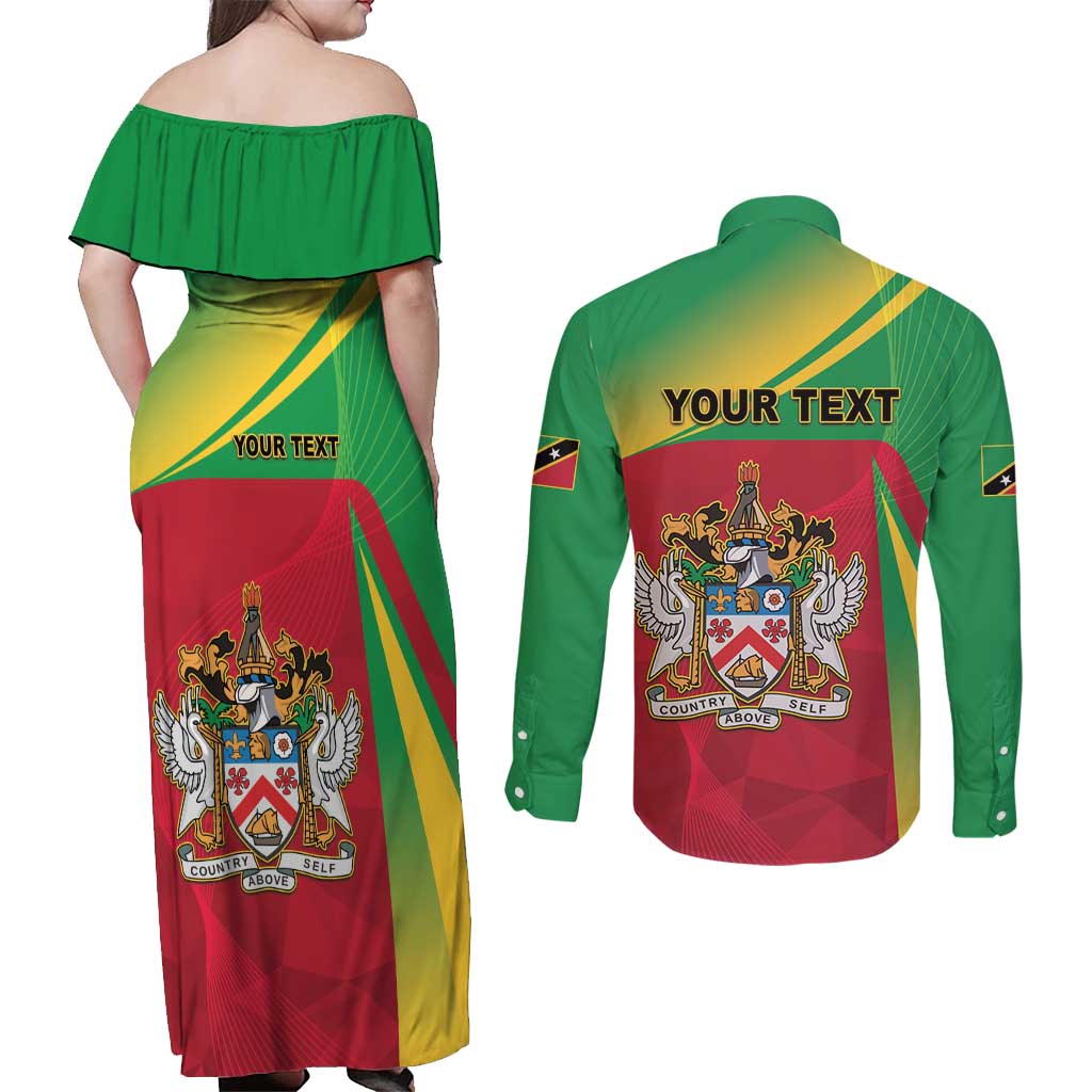 Personalized Saint Kitts and Nevis Couples Matching Off Shoulder Maxi Dress and Long Sleeve Button Shirt Coat Of Arms Sporty Style