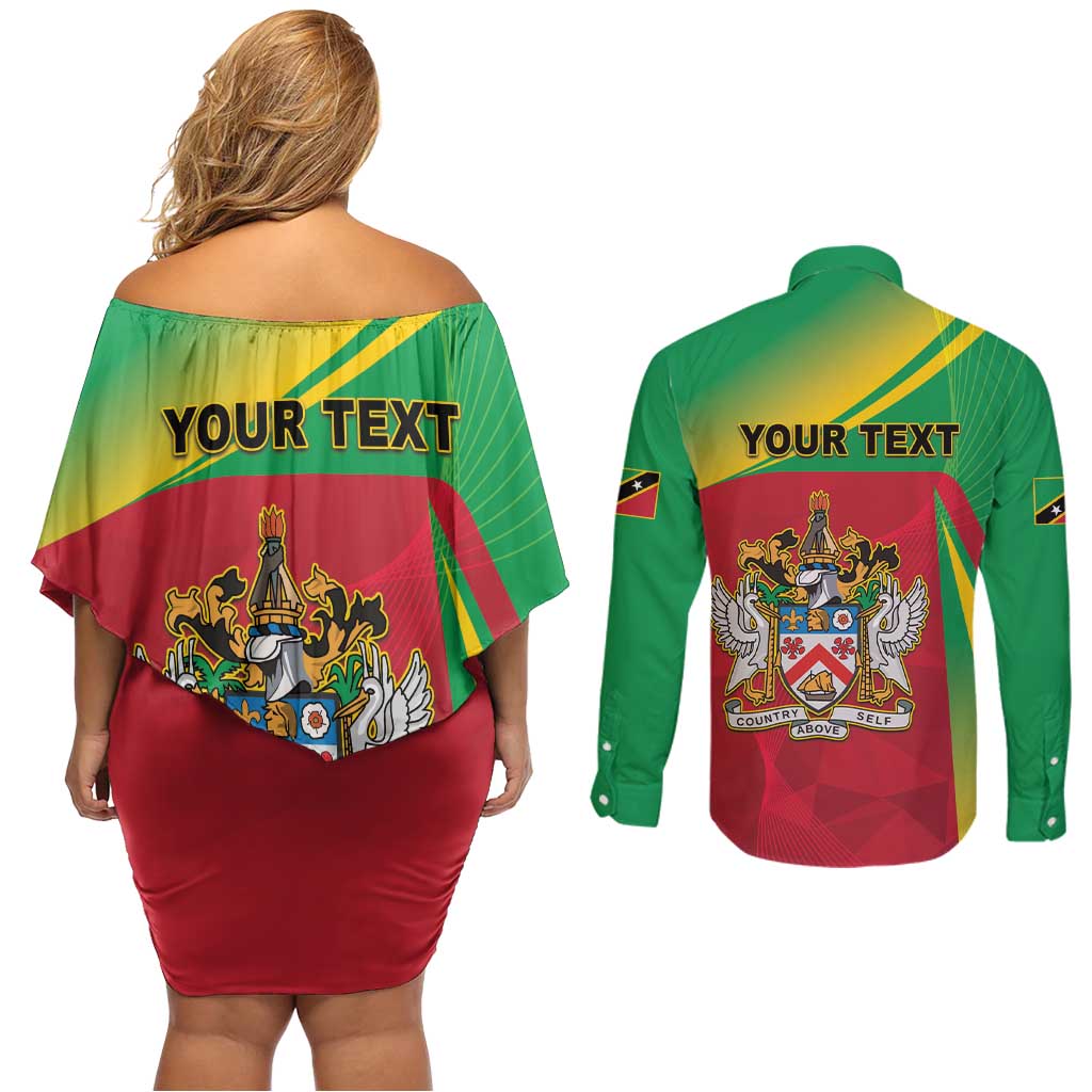 Personalized Saint Kitts and Nevis Couples Matching Off Shoulder Short Dress and Long Sleeve Button Shirt Coat Of Arms Sporty Style