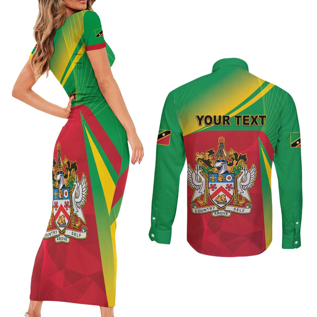 Personalized Saint Kitts and Nevis Couples Matching Short Sleeve Bodycon Dress and Long Sleeve Button Shirt Coat Of Arms Sporty Style