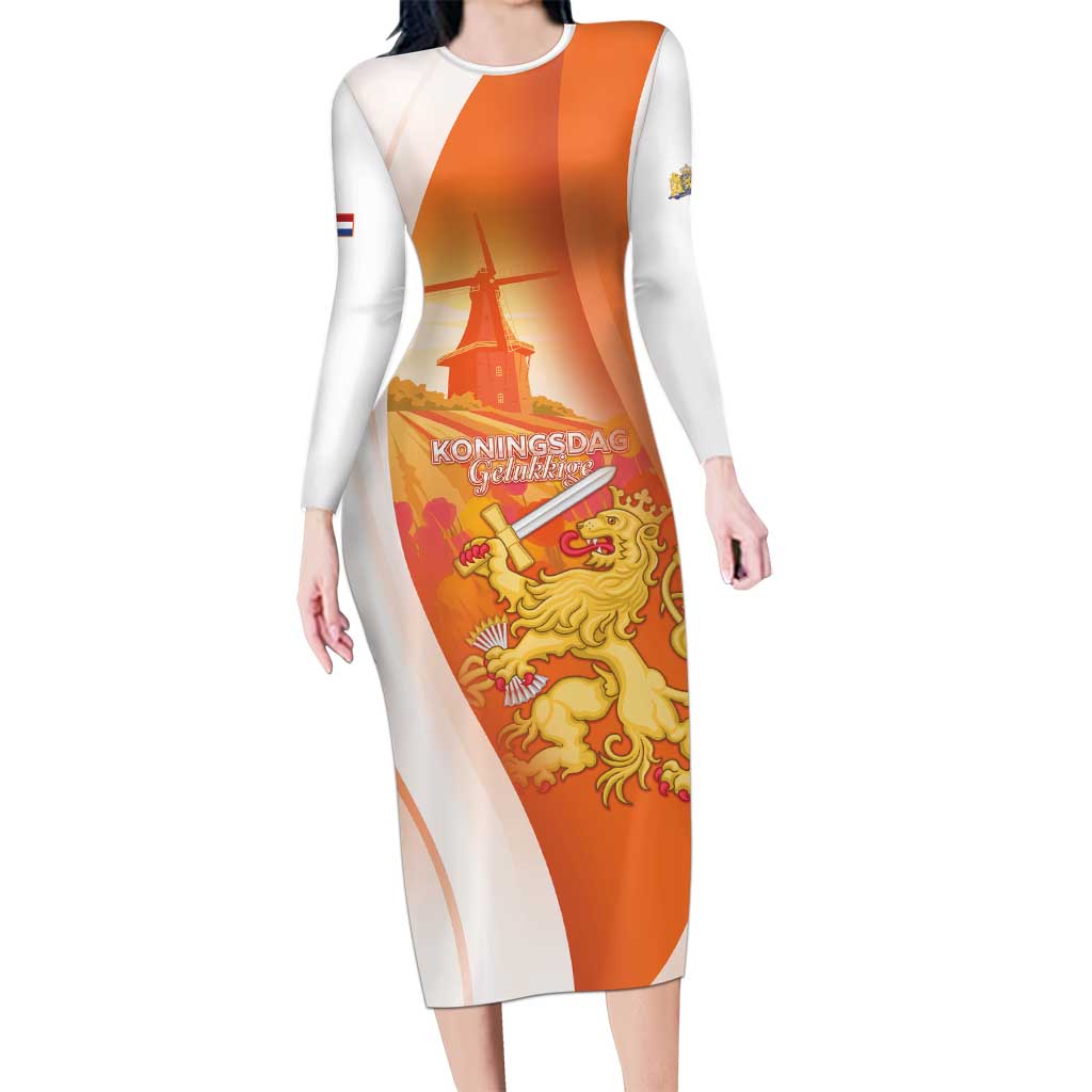 Netherlands Koninginnedag Long Sleeve Bodycon Dress Nederland Windmill Lion Heritage