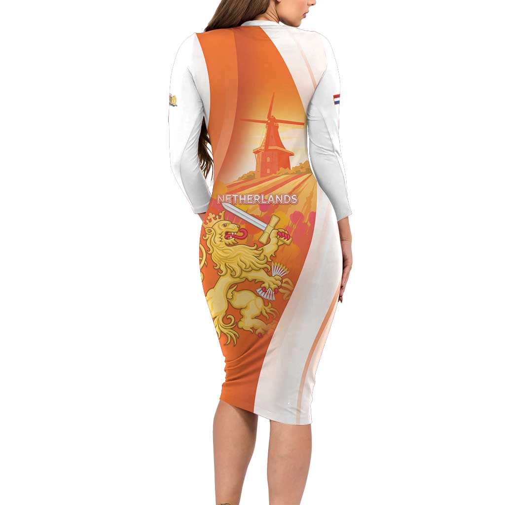 Netherlands Koninginnedag Long Sleeve Bodycon Dress Nederland Windmill Lion Heritage