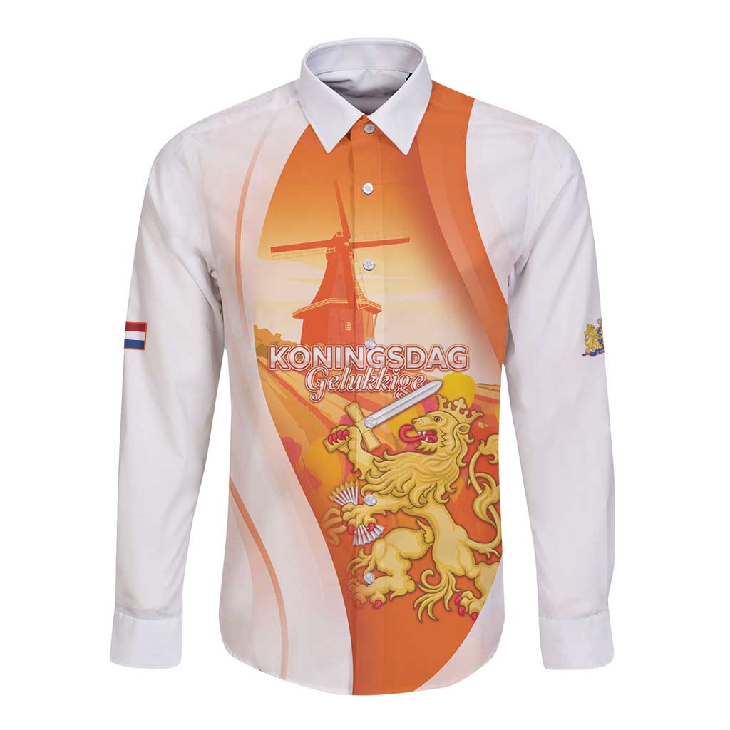 Netherlands Koninginnedag Long Sleeve Button Shirt Nederland Windmill Lion Heritage
