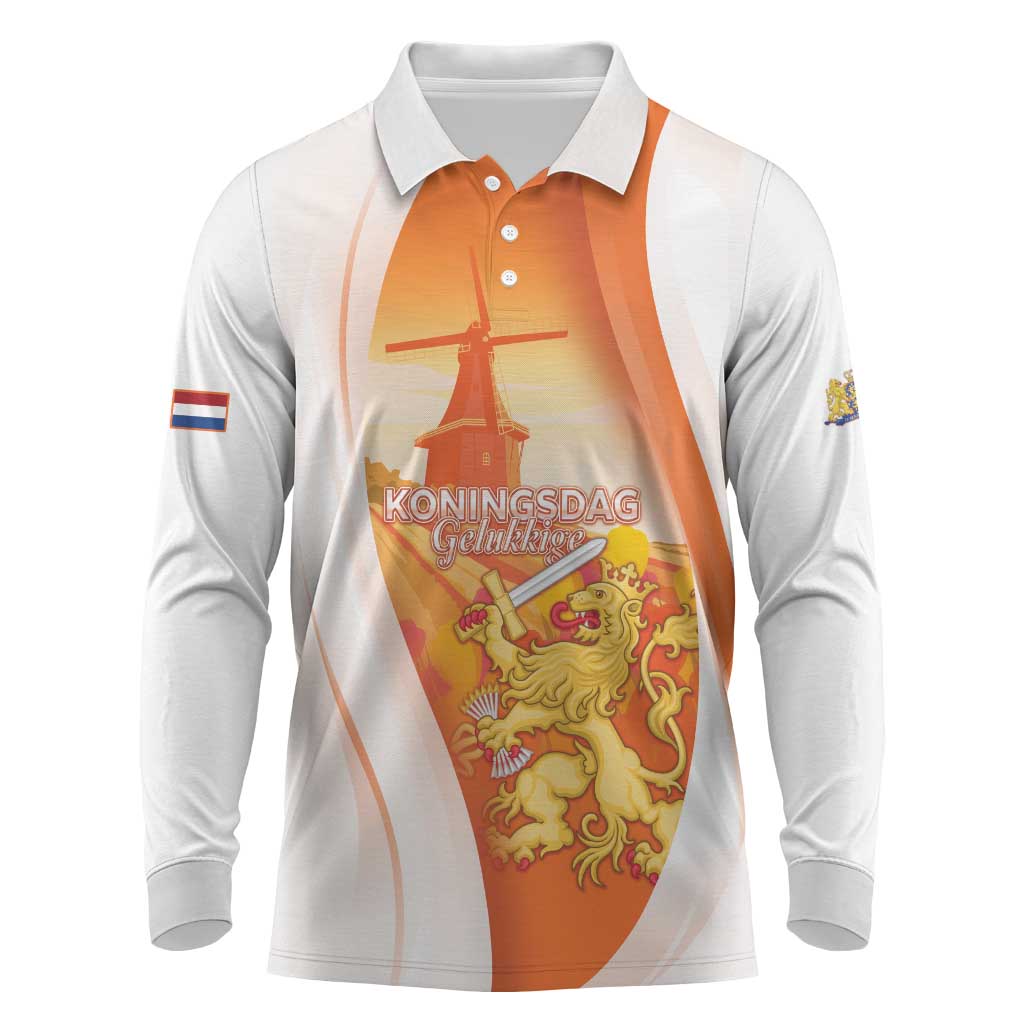 Netherlands Koninginnedag Long Sleeve Polo Shirt Nederland Windmill Lion Heritage