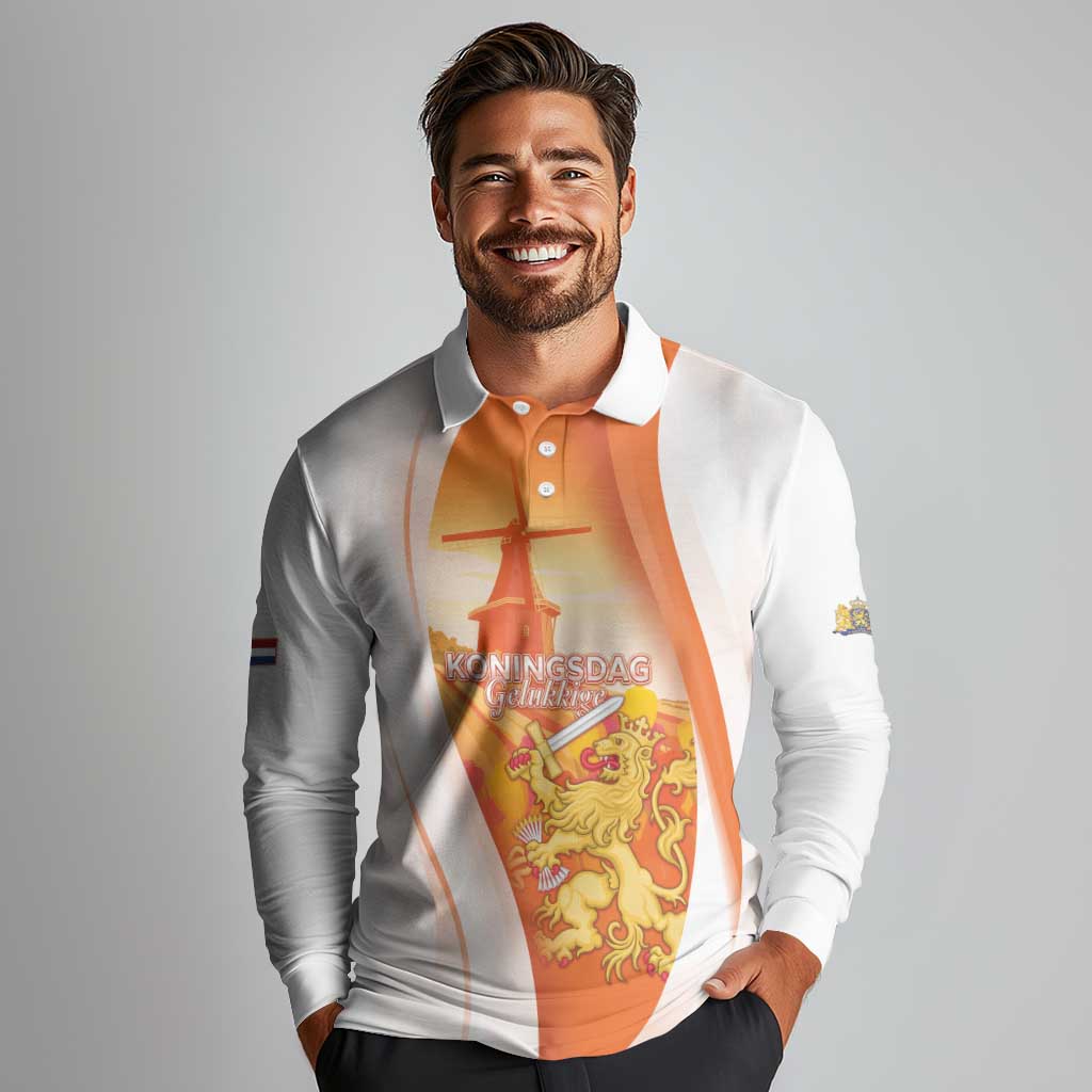 Netherlands Koninginnedag Long Sleeve Polo Shirt Nederland Windmill Lion Heritage
