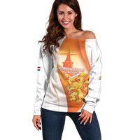 Netherlands Koninginnedag Off Shoulder Sweater Nederland Windmill Lion Heritage