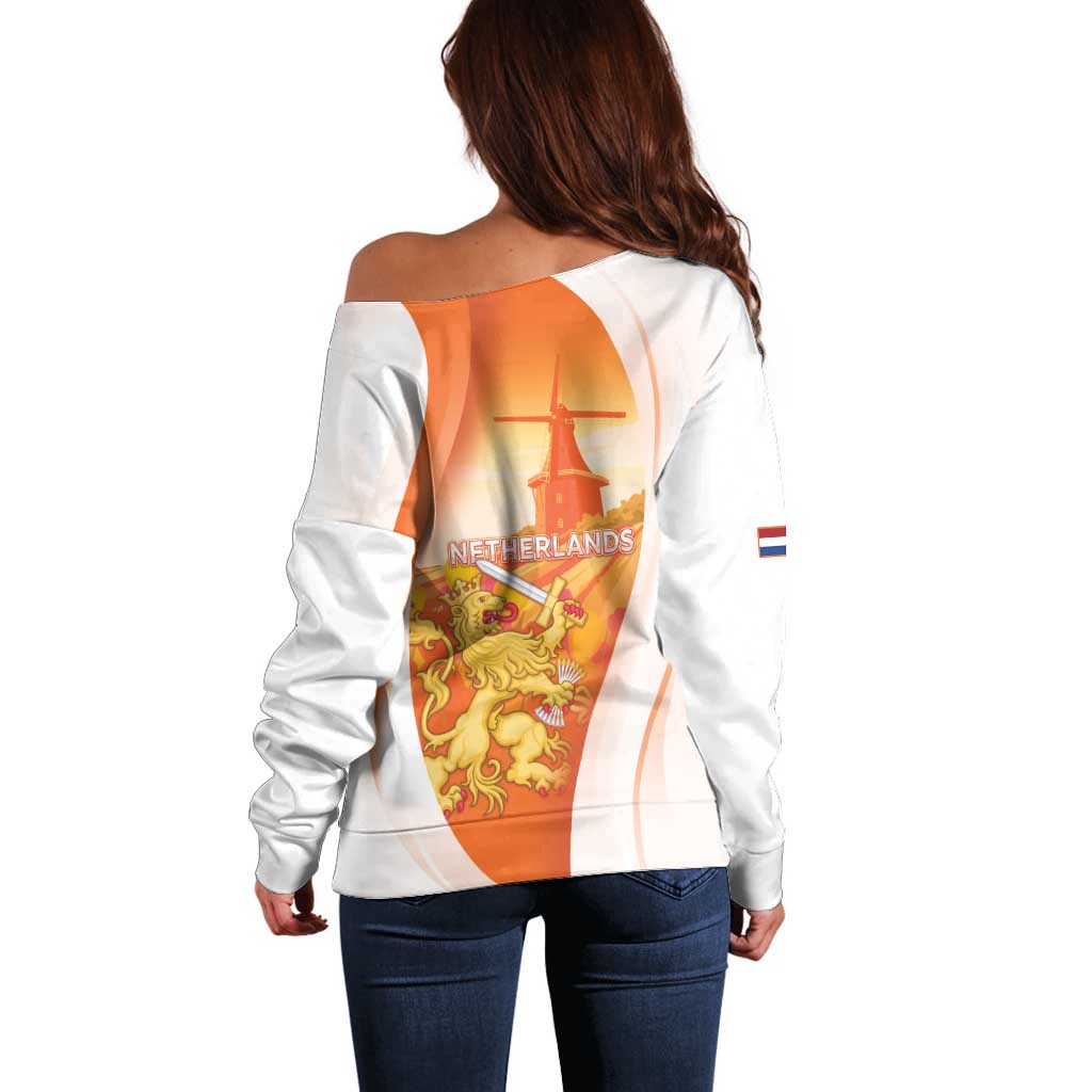Netherlands Koninginnedag Off Shoulder Sweater Nederland Windmill Lion Heritage