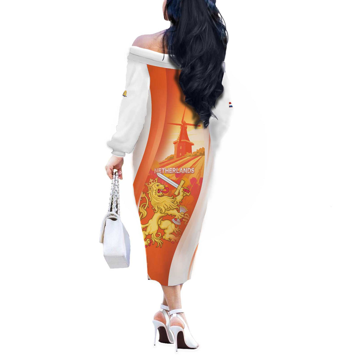 Netherlands Koninginnedag Off The Shoulder Long Sleeve Dress Nederland Windmill Lion Heritage