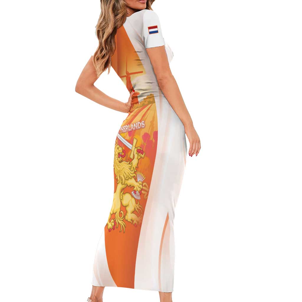 Netherlands Koninginnedag Short Sleeve Bodycon Dress Nederland Windmill Lion Heritage