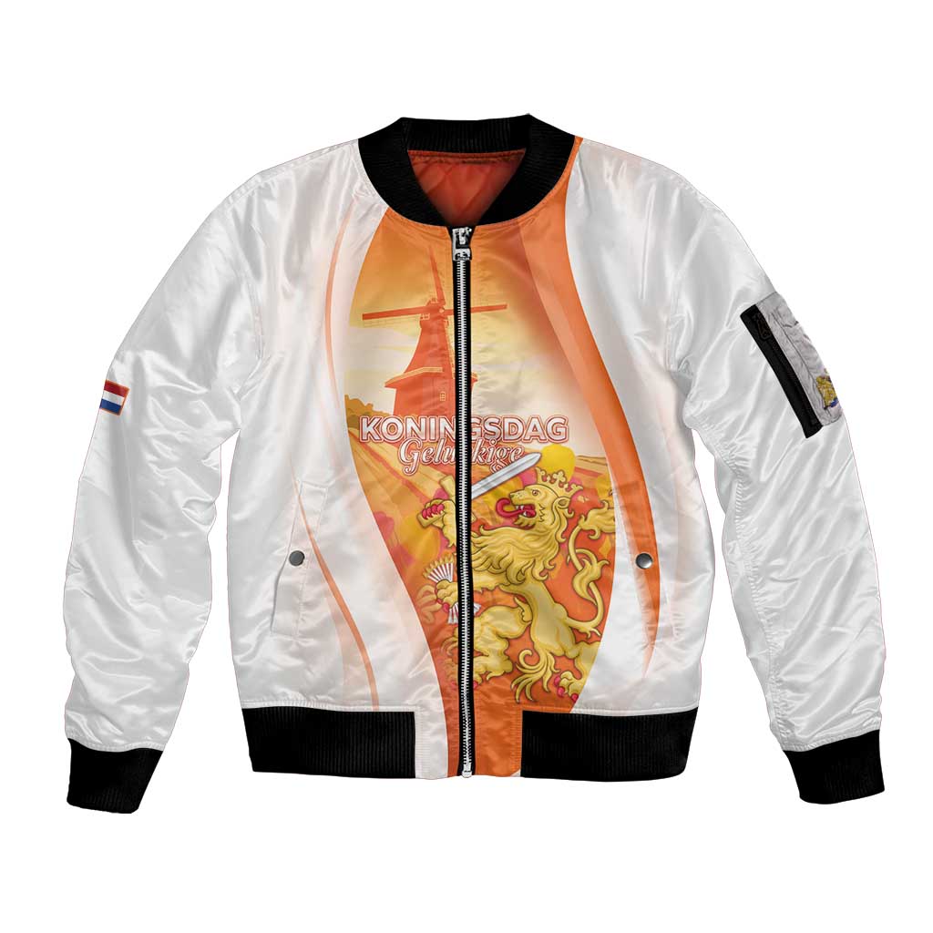 Netherlands Koninginnedag Sleeve Zip Bomber Jacket Nederland Windmill Lion Heritage