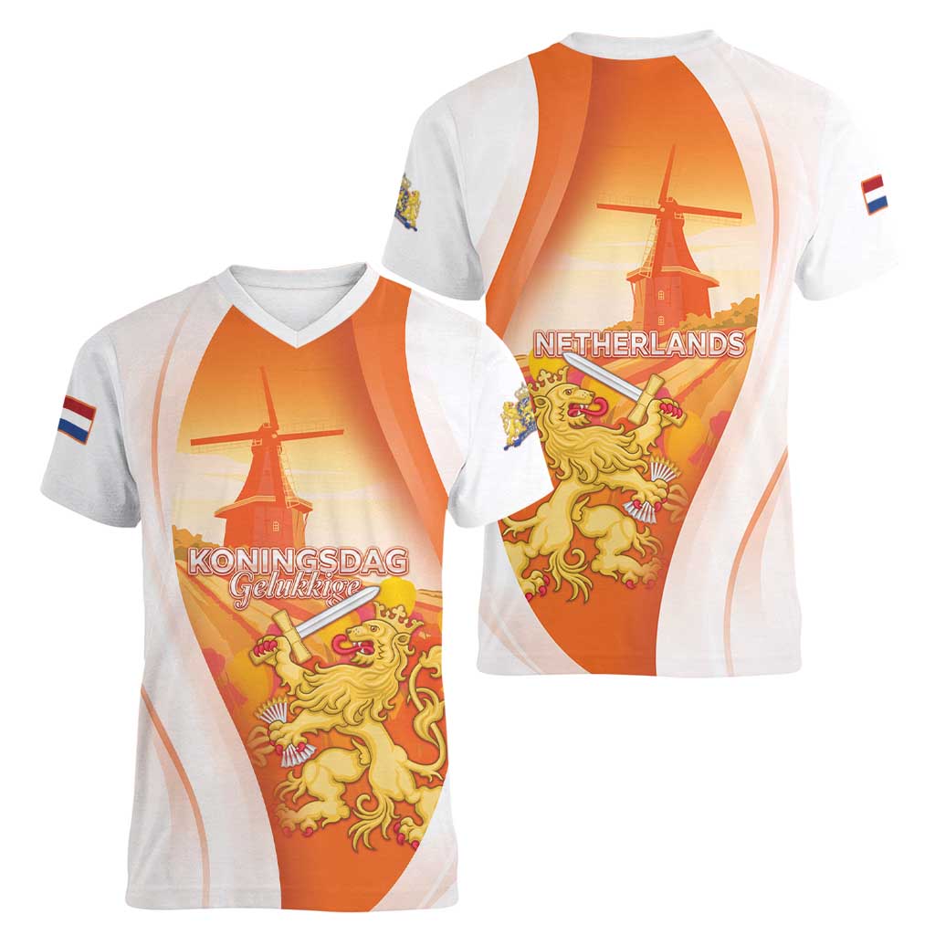 Netherlands Koninginnedag Women V-Neck T-Shirt Nederland Windmill Lion Heritage