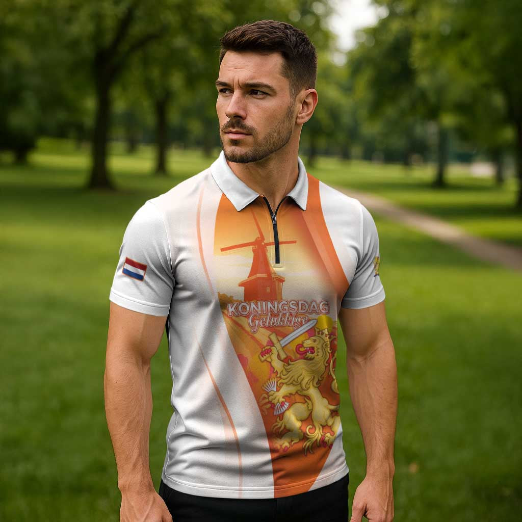 Netherlands Koninginnedag Zipper Polo Shirt Nederland Windmill Lion Heritage