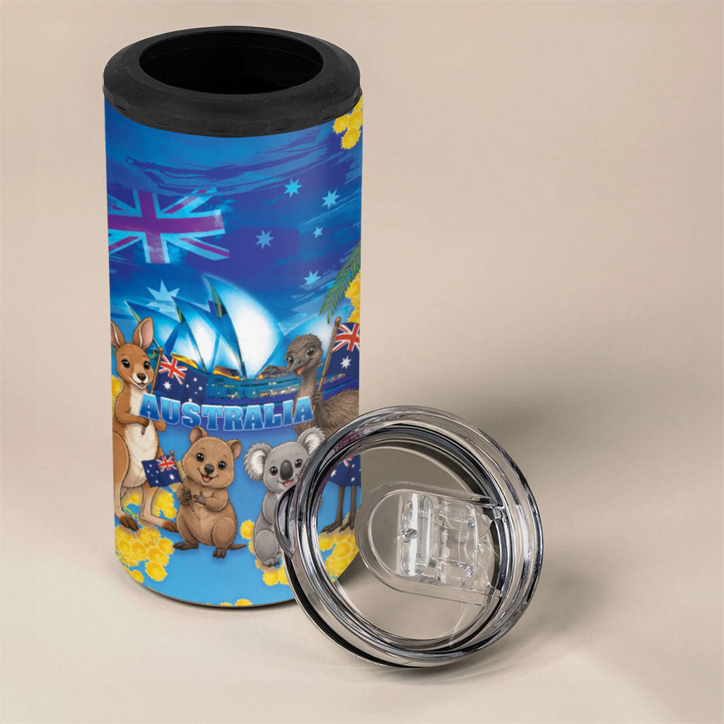 Happy Australia Flag Day 4 in 1 Can Cooler Tumbler Aussie Animals Grunge Style