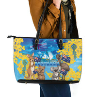 Happy Australia Flag Day Leather Tote Bag Aussie Animals Grunge Style