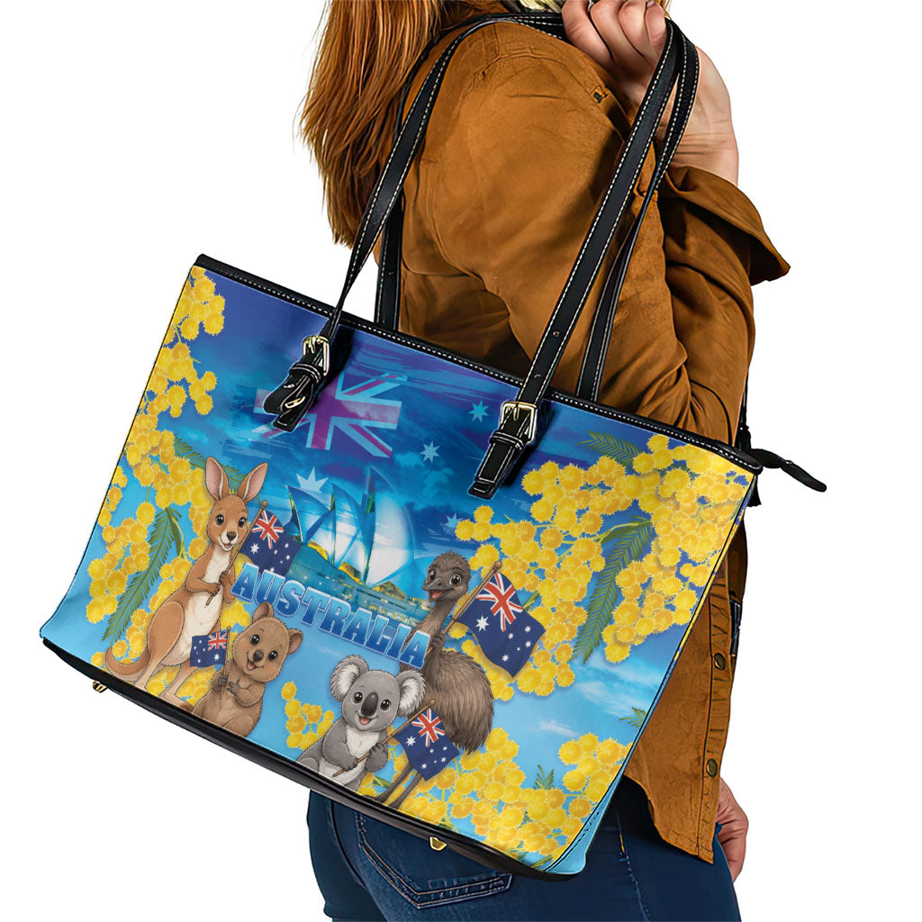 Happy Australia Flag Day Leather Tote Bag Aussie Animals Grunge Style