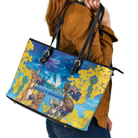 Happy Australia Flag Day Leather Tote Bag Aussie Animals Grunge Style