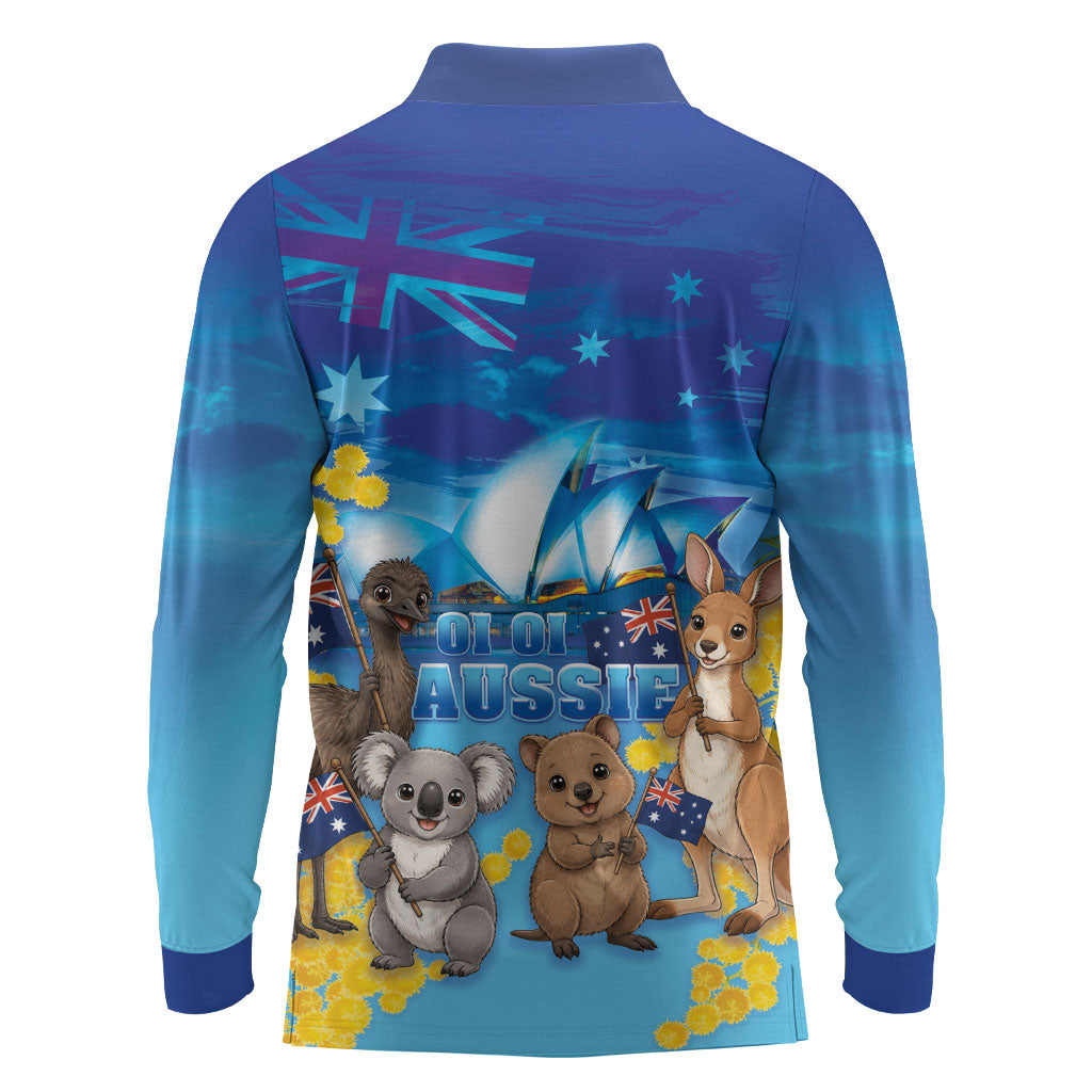 Happy Australia Flag Day Long Sleeve Polo Shirt Aussie Animals Grunge Style