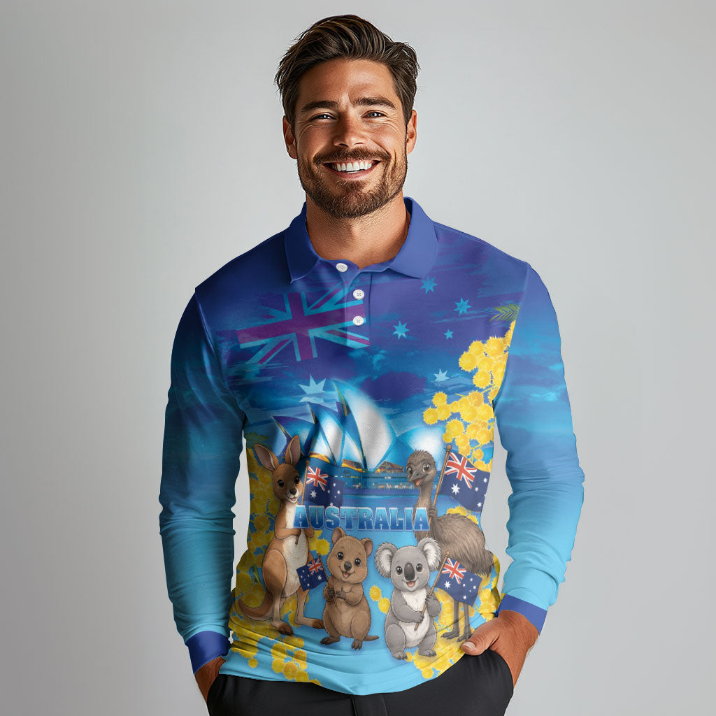 Happy Australia Flag Day Long Sleeve Polo Shirt Aussie Animals Grunge Style