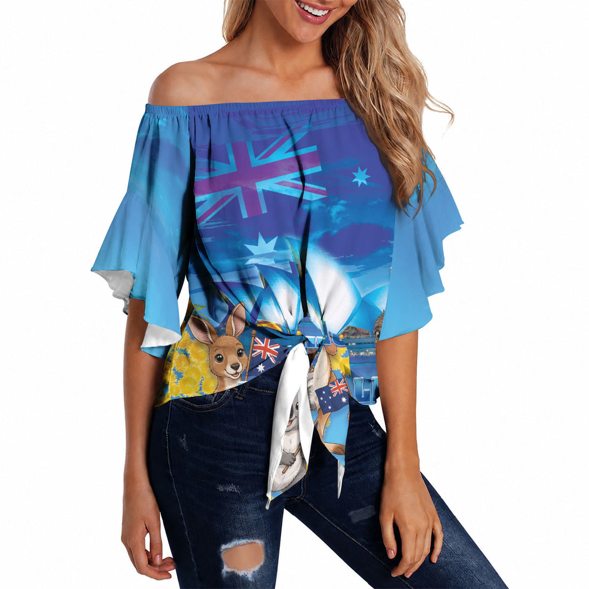 Happy Australia Flag Day Off Shoulder Wrap Waist Top Aussie Animals Grunge Style