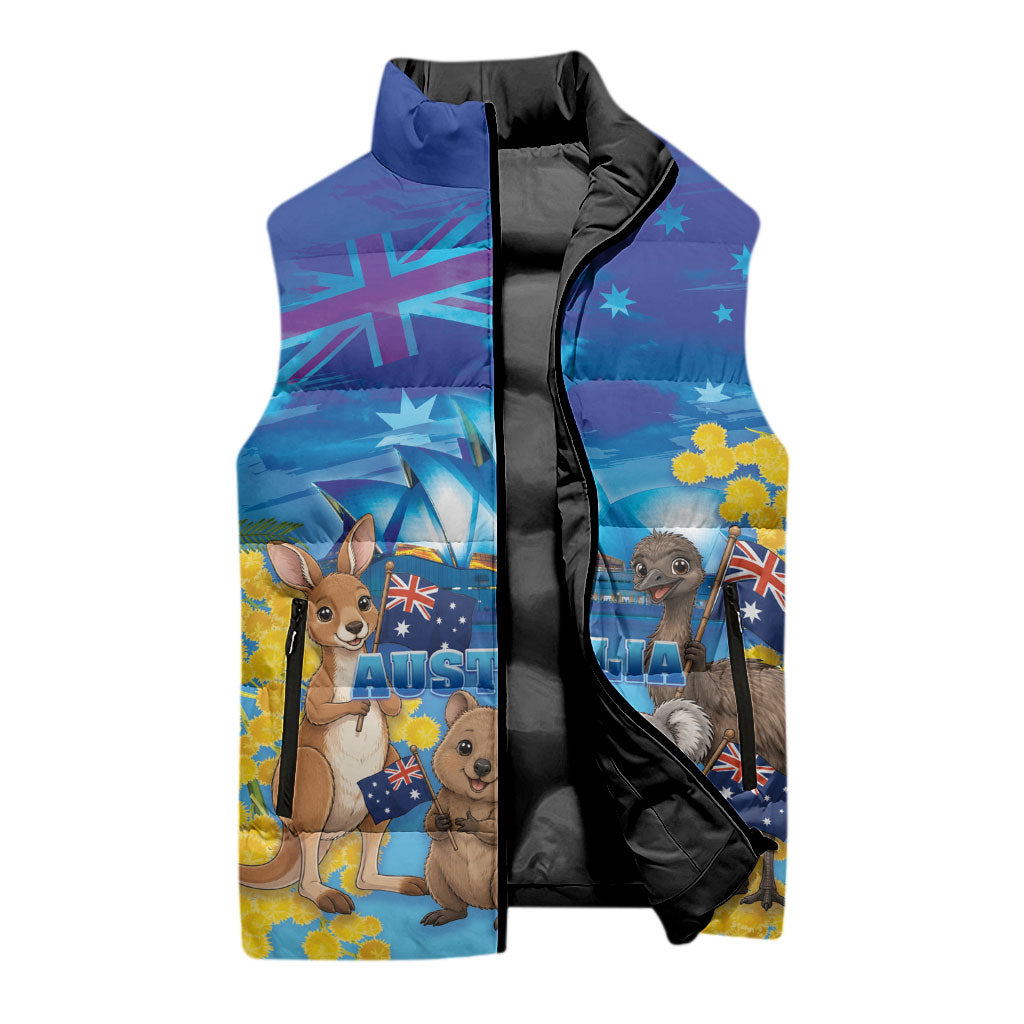 Happy Australia Flag Day Sleeveless Puffer Jacket Aussie Animals Grunge Style
