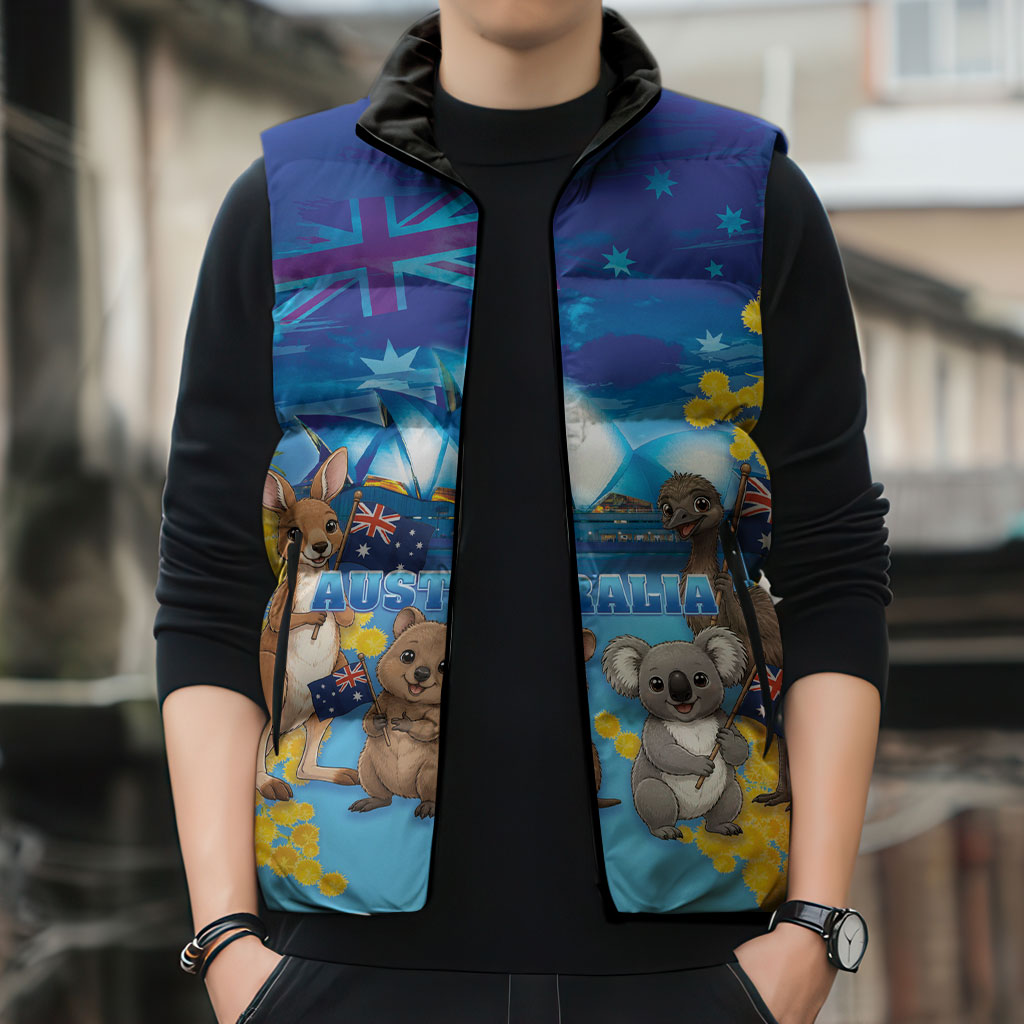 Happy Australia Flag Day Sleeveless Puffer Jacket Aussie Animals Grunge Style