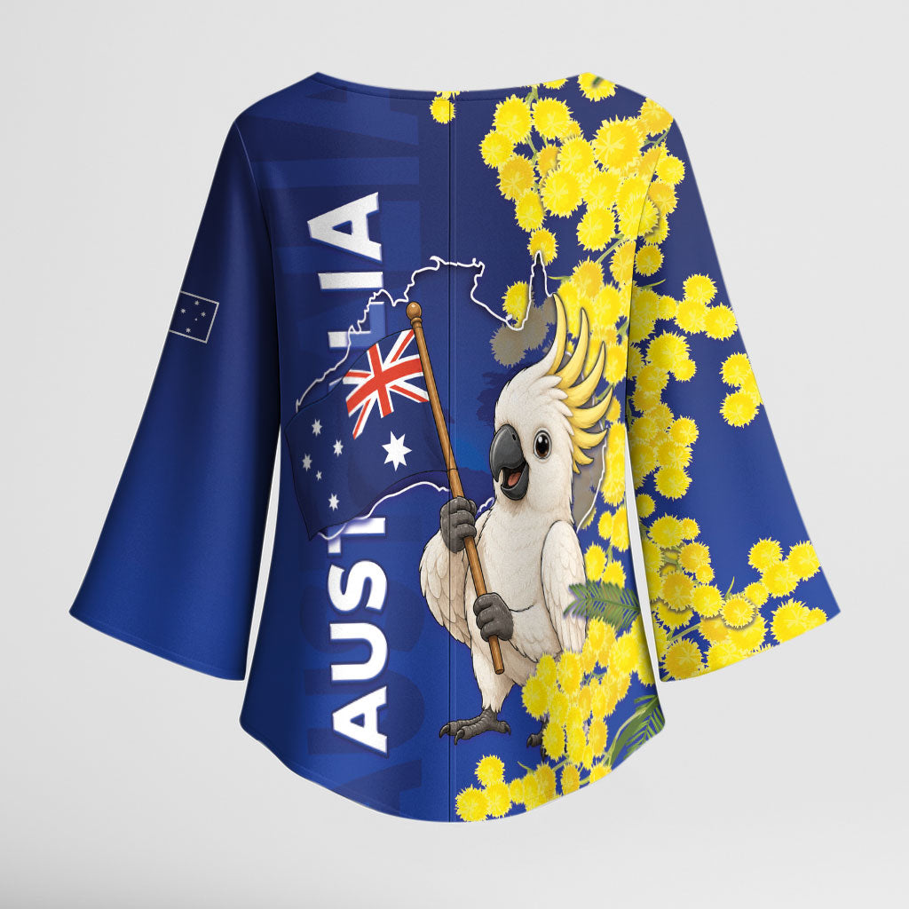 Australia Cockatoo Kimono Sleeve Blouse Aussie Flag With Golden Wattle
